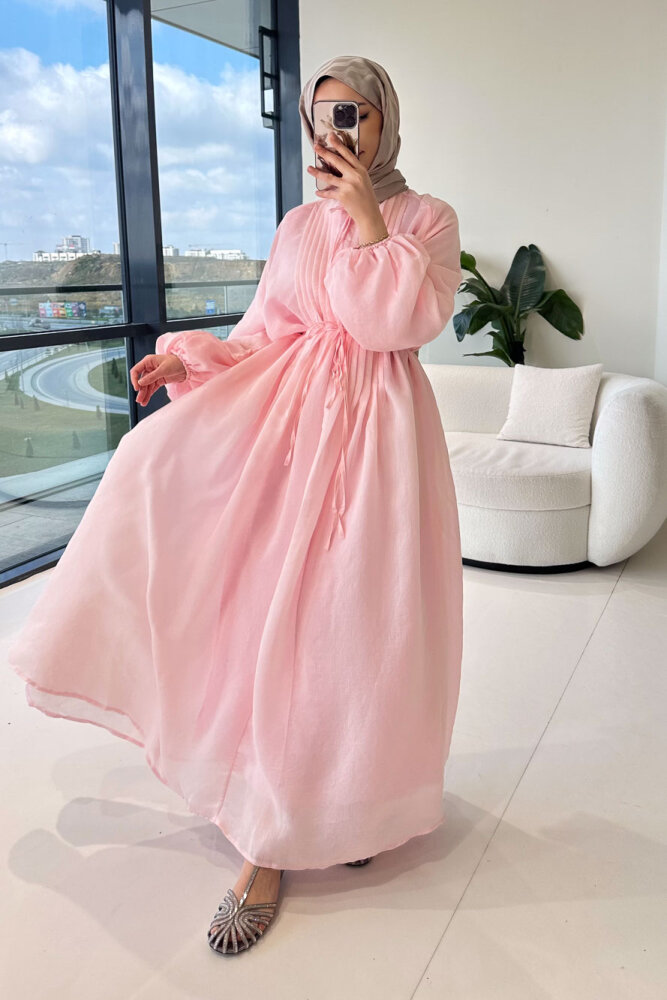 Rei Fiyonk Bağlamalı Nervür Detaylı Elbise - Pembe - 8