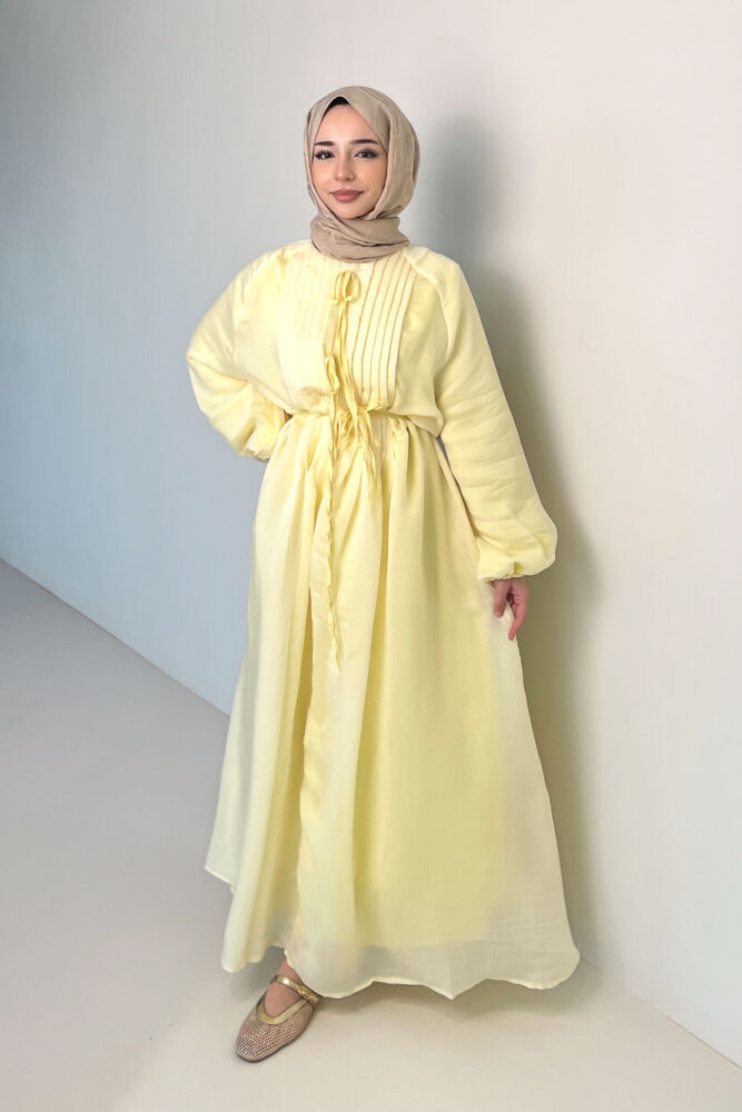 Rei Fiyonk Bağlamalı Nervür Detaylı Elbise - Sarı - 3