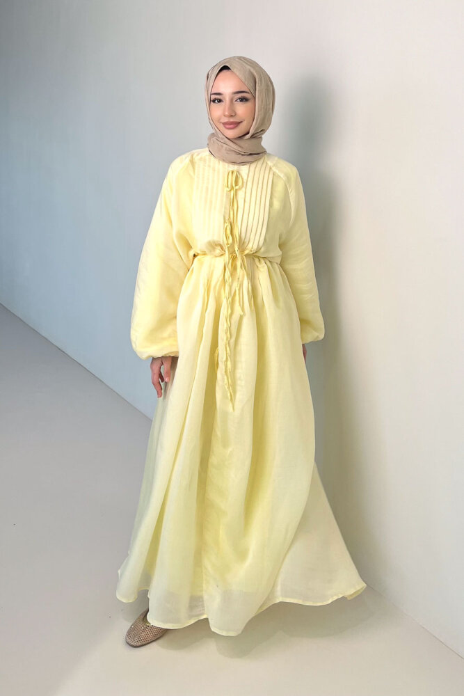 Rei Fiyonk Bağlamalı Nervür Detaylı Elbise - Sarı - 1