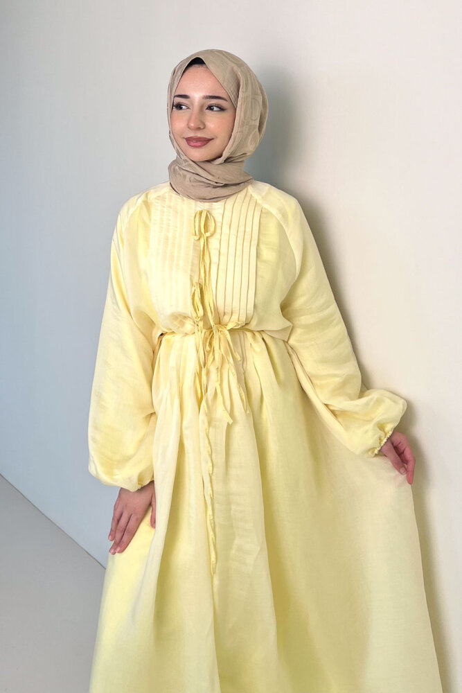 Rei Fiyonk Bağlamalı Nervür Detaylı Elbise - Sarı - 2
