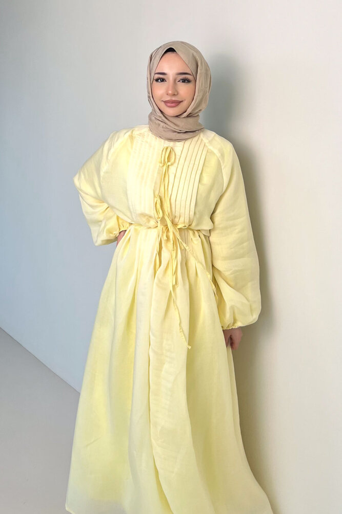 Rei Fiyonk Bağlamalı Nervür Detaylı Elbise - Sarı - ENMA (3)
