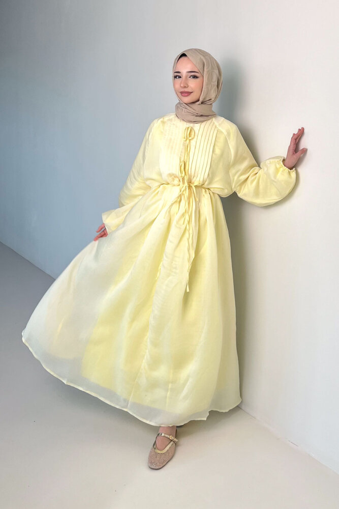 Rei Fiyonk Bağlamalı Nervür Detaylı Elbise - Sarı - 5