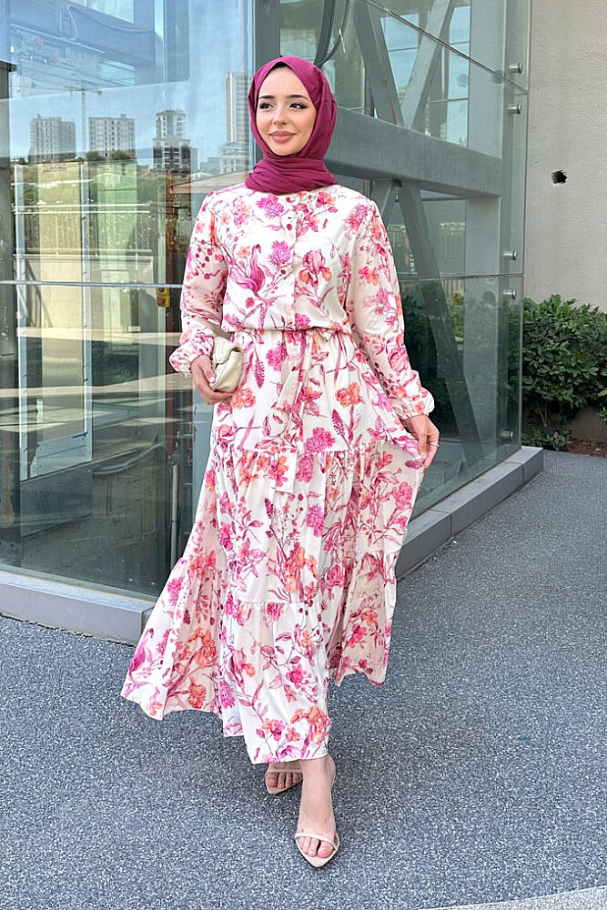 Riva Kat Kat Kemerli Elbise - Pembe - 6