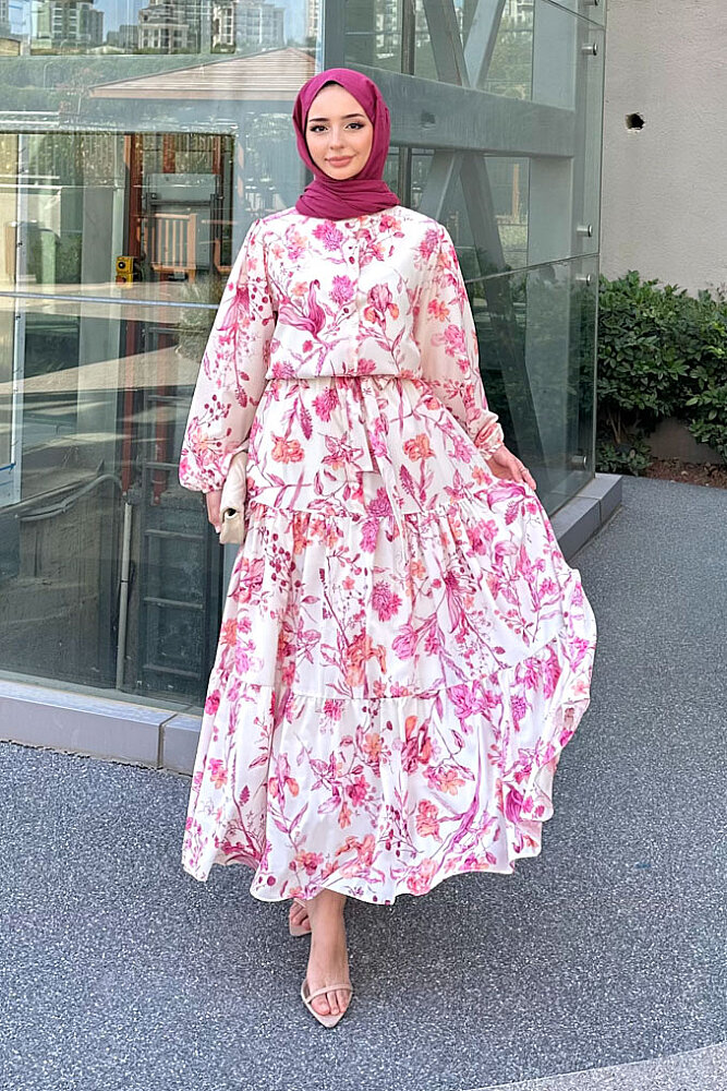 Riva Kat Kat Kemerli Elbise - Pembe - 1