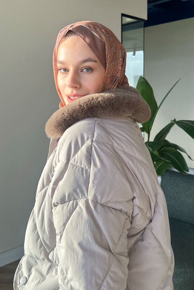 Rivière Baklava Desenli Yakası Kürklü Mont - Bej - 1