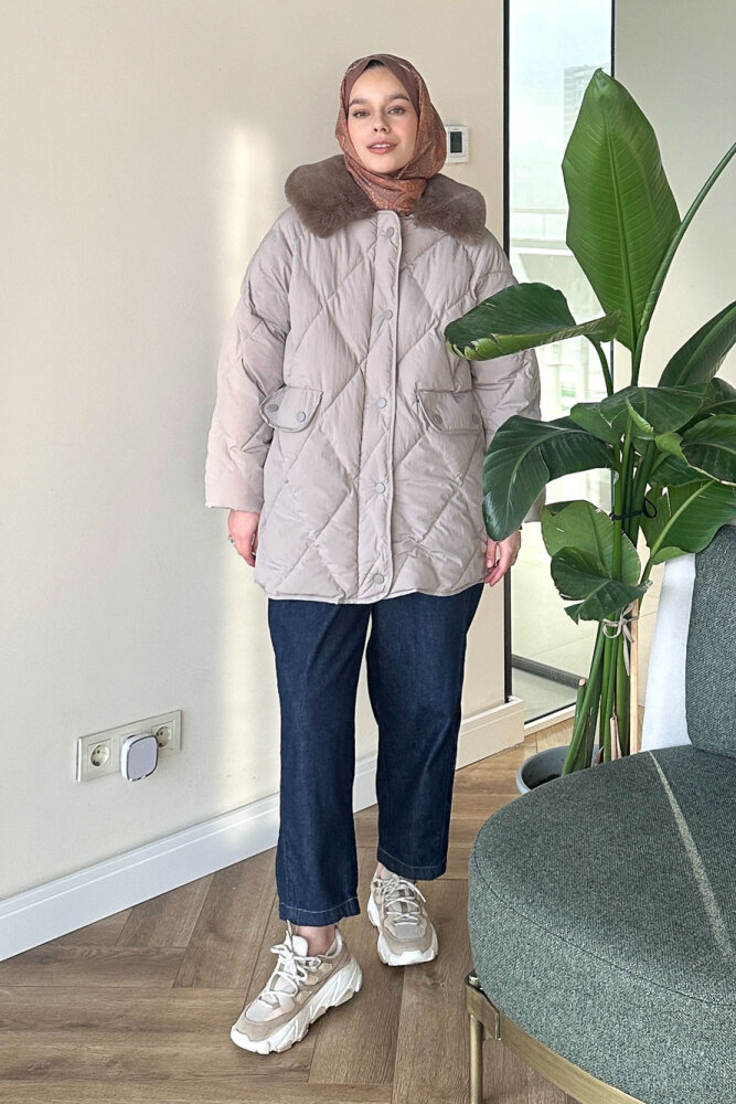 Rivière Baklava Desenli Yakası Kürklü Mont - Bej - 4