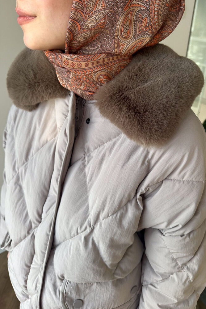 Rivière Baklava Desenli Yakası Kürklü Mont - Bej - 6