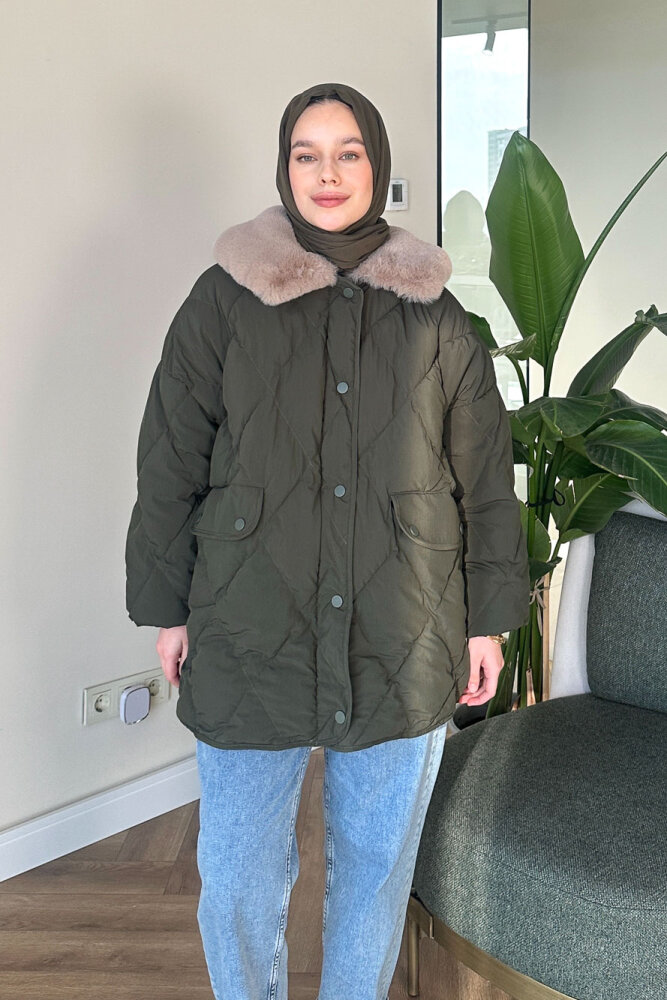 Rivière Baklava Desenli Yakası Kürklü Mont - Haki - 5