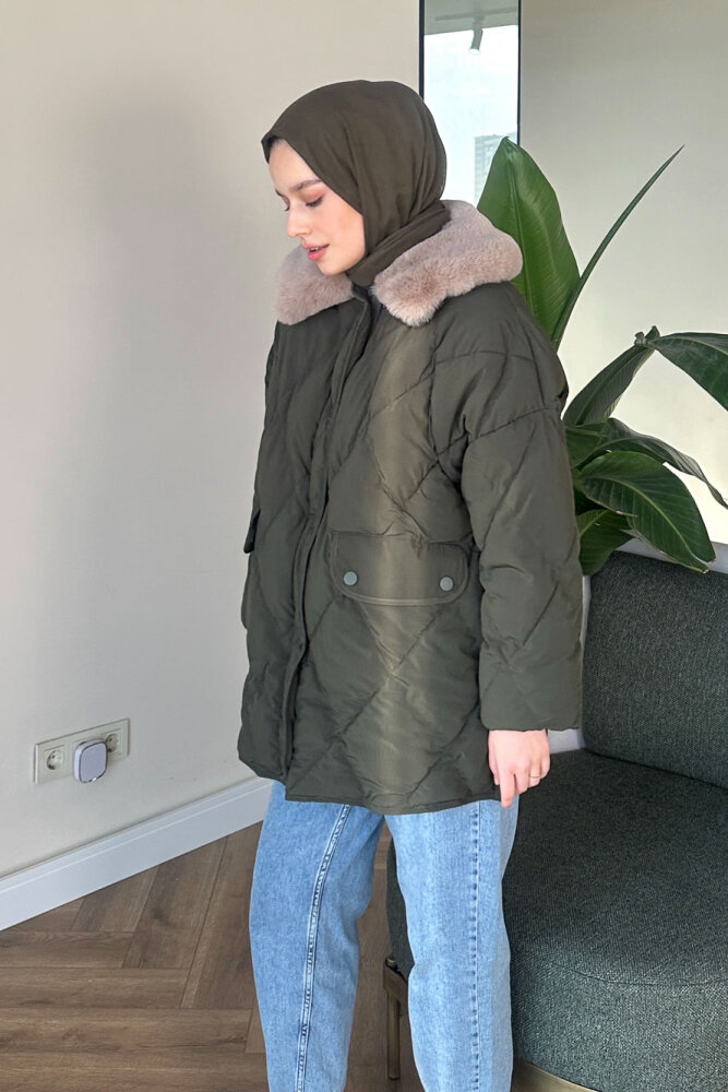 Rivière Baklava Desenli Yakası Kürklü Mont - Haki - ALLMİSS (5)