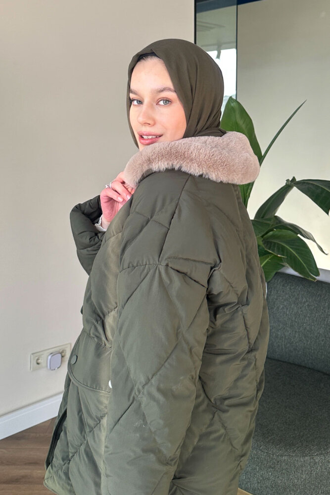 Rivière Baklava Desenli Yakası Kürklü Mont - Haki - 2