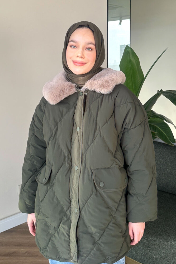 Rivière Baklava Desenli Yakası Kürklü Mont - Haki - 7