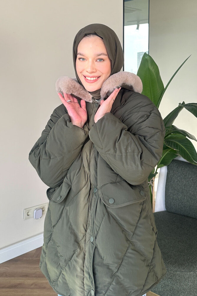 Rivière Baklava Desenli Yakası Kürklü Mont - Haki - ALLMİSS (3)