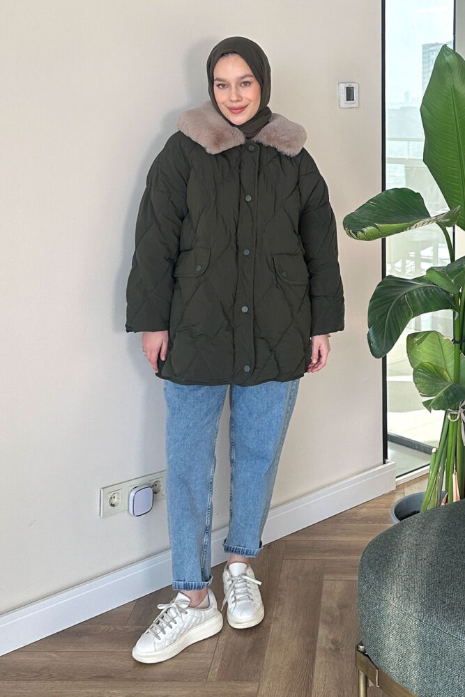 Rivière Baklava Desenli Yakası Kürklü Mont - Haki - 9