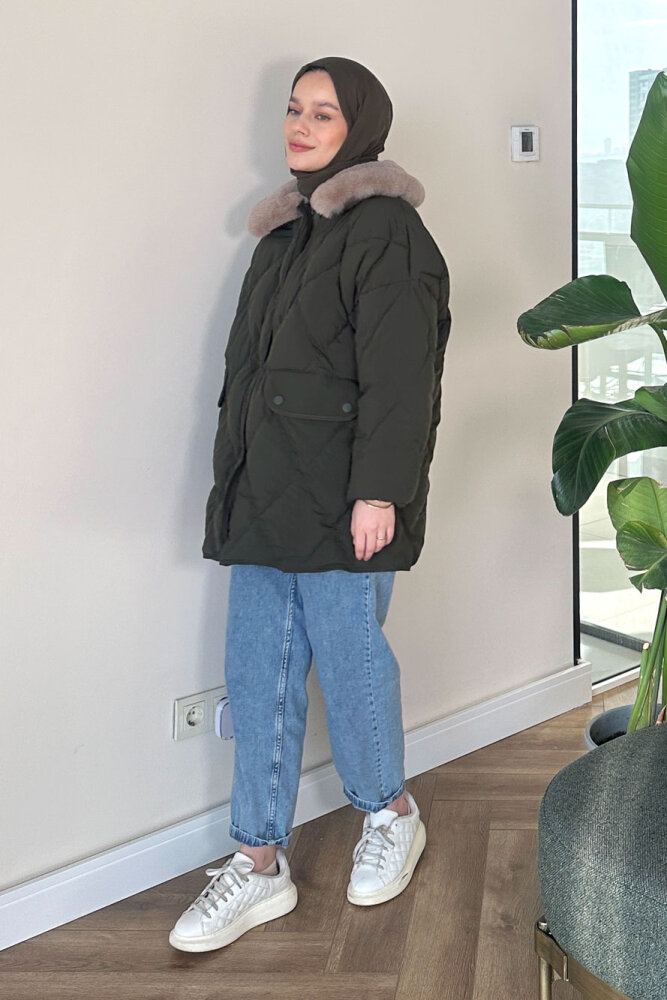 Rivière Baklava Desenli Yakası Kürklü Mont - Haki - ALLMİSS (2)