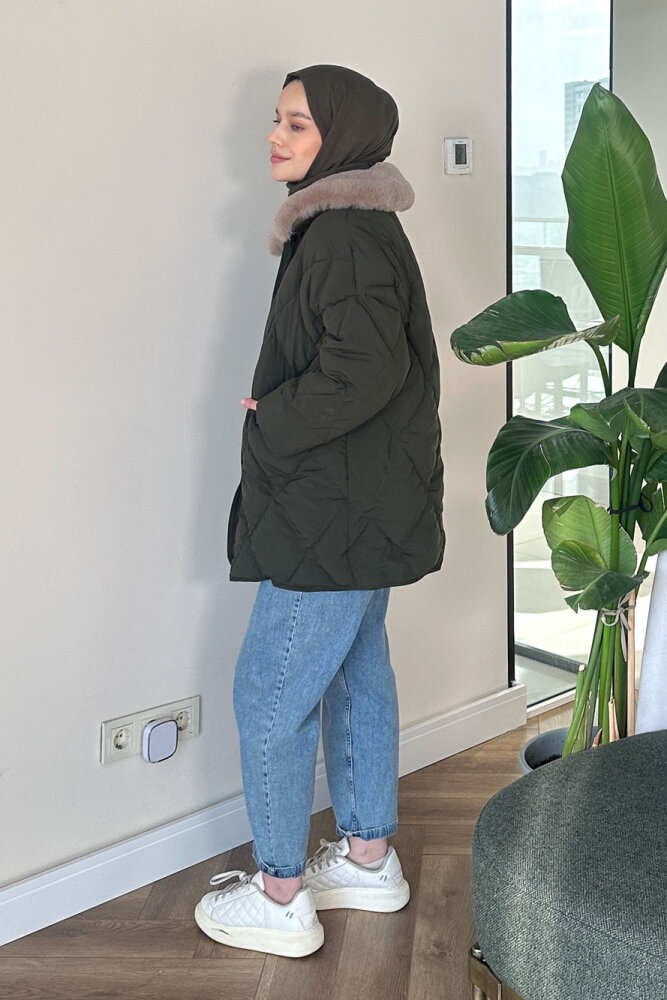 Rivière Baklava Desenli Yakası Kürklü Mont - Haki - 10