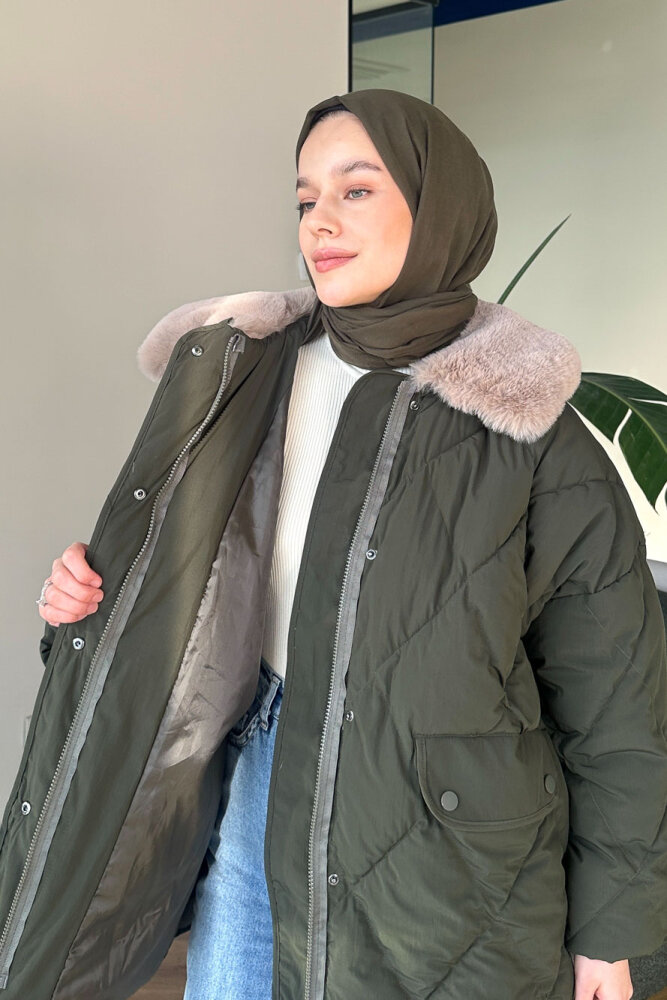 Rivière Baklava Desenli Yakası Kürklü Mont - Haki - 8