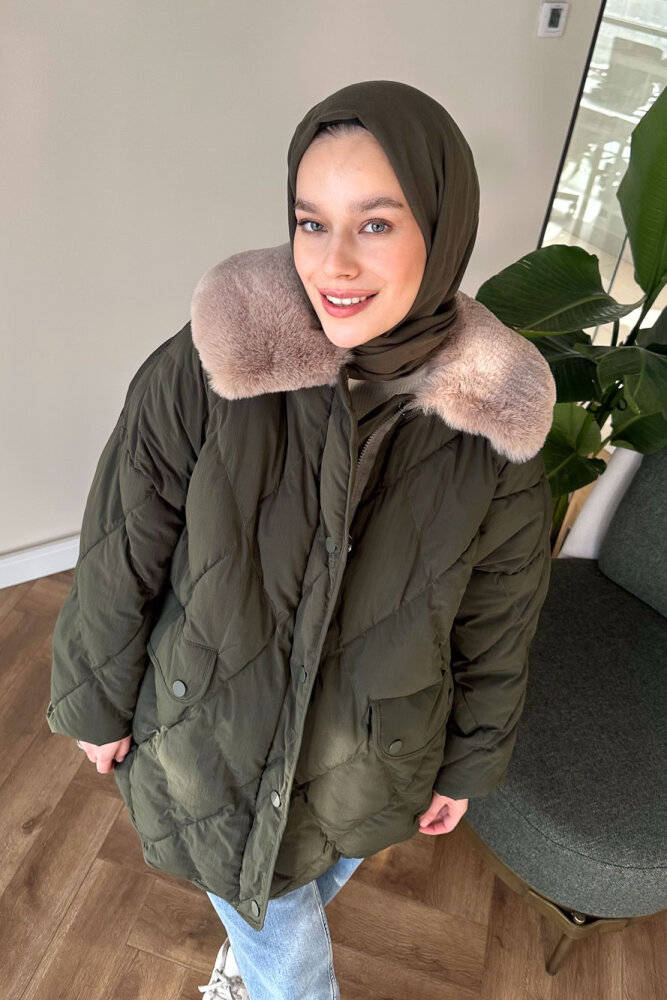 Rivière Baklava Desenli Yakası Kürklü Mont - Haki - 1