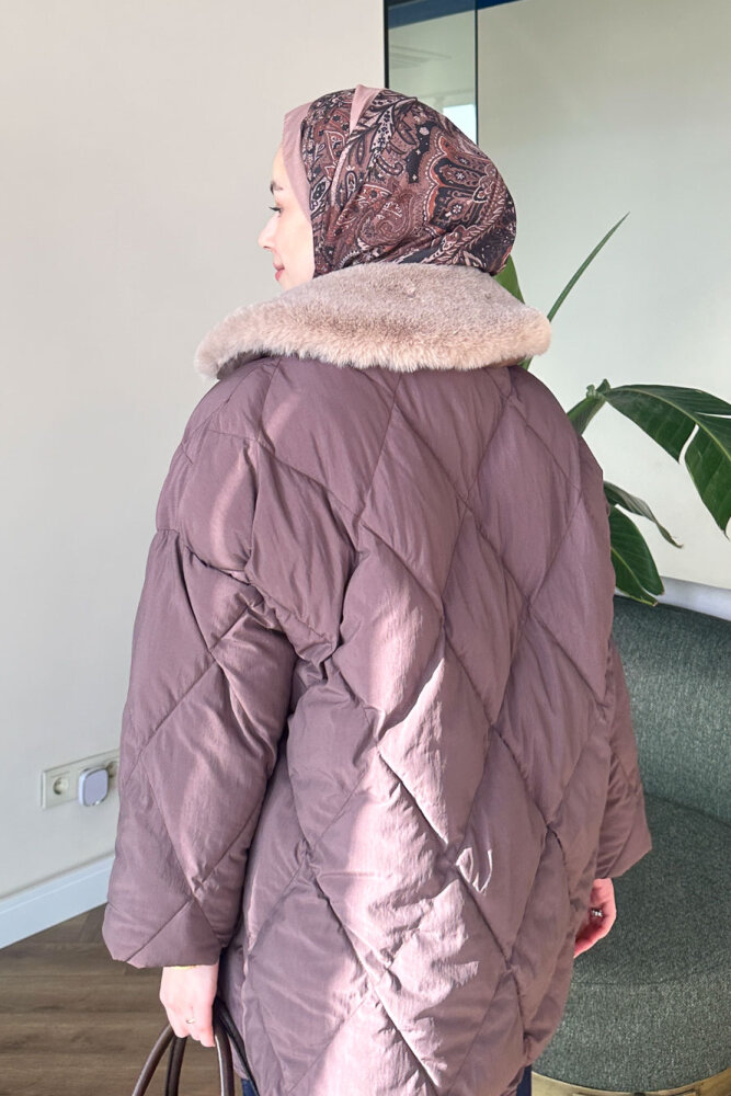 Rivière Baklava Desenli Yakası Kürklü Mont - Kahverengi - ALLMİSS (5)