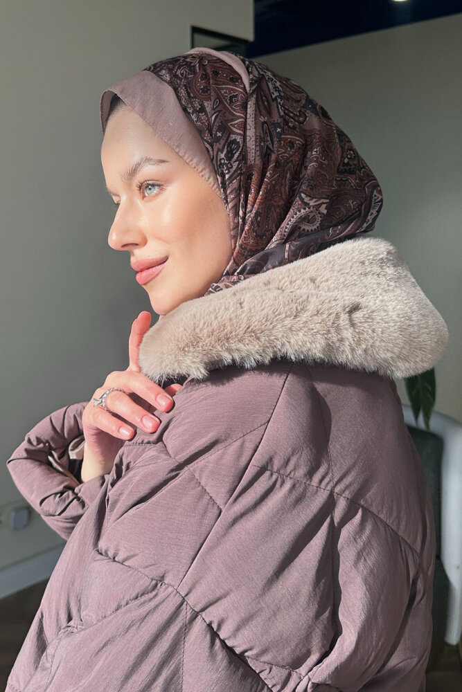 Rivière Baklava Desenli Yakası Kürklü Mont - Kahverengi - ALLMİSS (2)