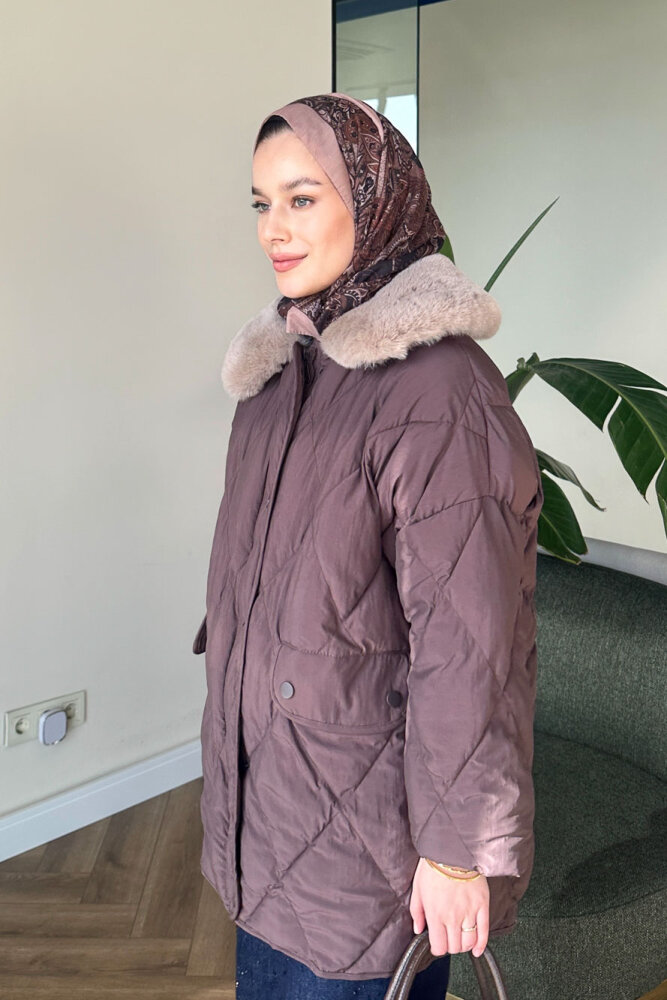 Rivière Baklava Desenli Yakası Kürklü Mont - Kahverengi - ALLMİSS (3)