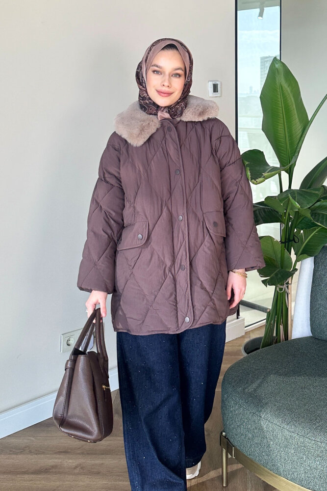 Rivière Baklava Desenli Yakası Kürklü Mont - Kahverengi - ALLMİSS (0)