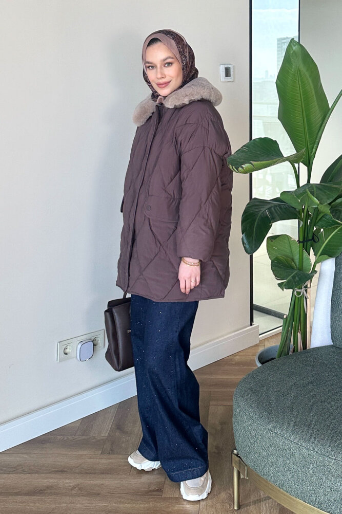 Rivière Baklava Desenli Yakası Kürklü Mont - Kahverengi - 5