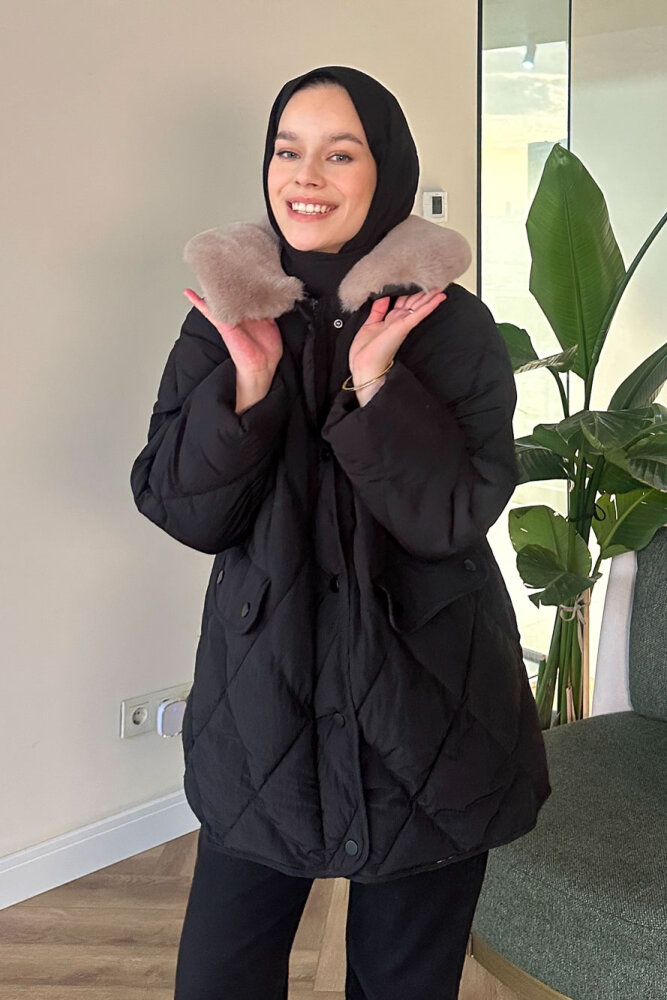 Rivière Baklava Desenli Yakası Kürklü Mont - Siyah - 1