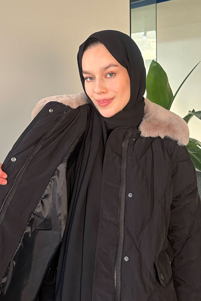 Rivière Baklava Desenli Yakası Kürklü Mont - Siyah - 7