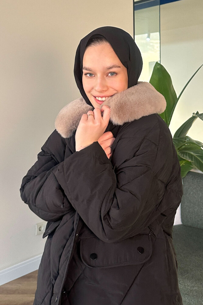 Rivière Baklava Desenli Yakası Kürklü Mont - Siyah - 5