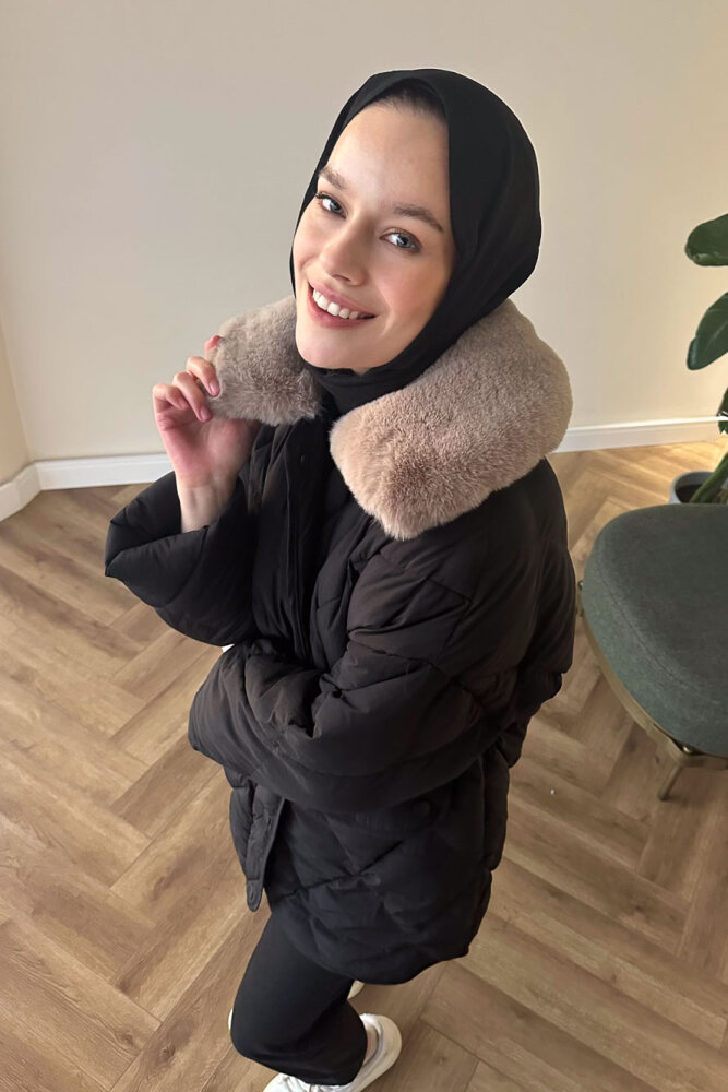 Rivière Baklava Desenli Yakası Kürklü Mont - Siyah - 4