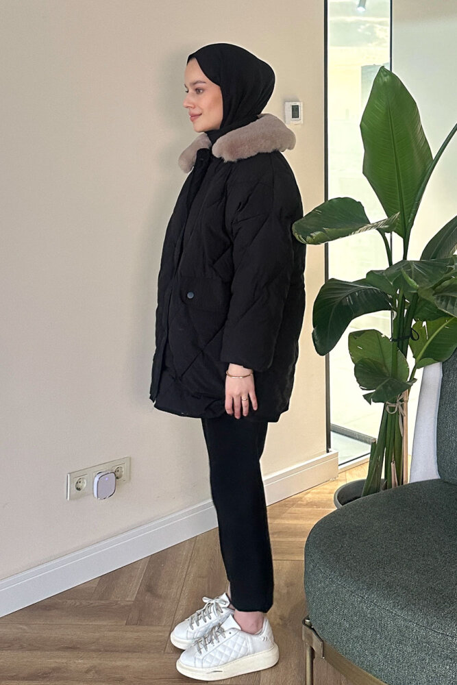 Rivière Baklava Desenli Yakası Kürklü Mont - Siyah - ALLMİSS (5)