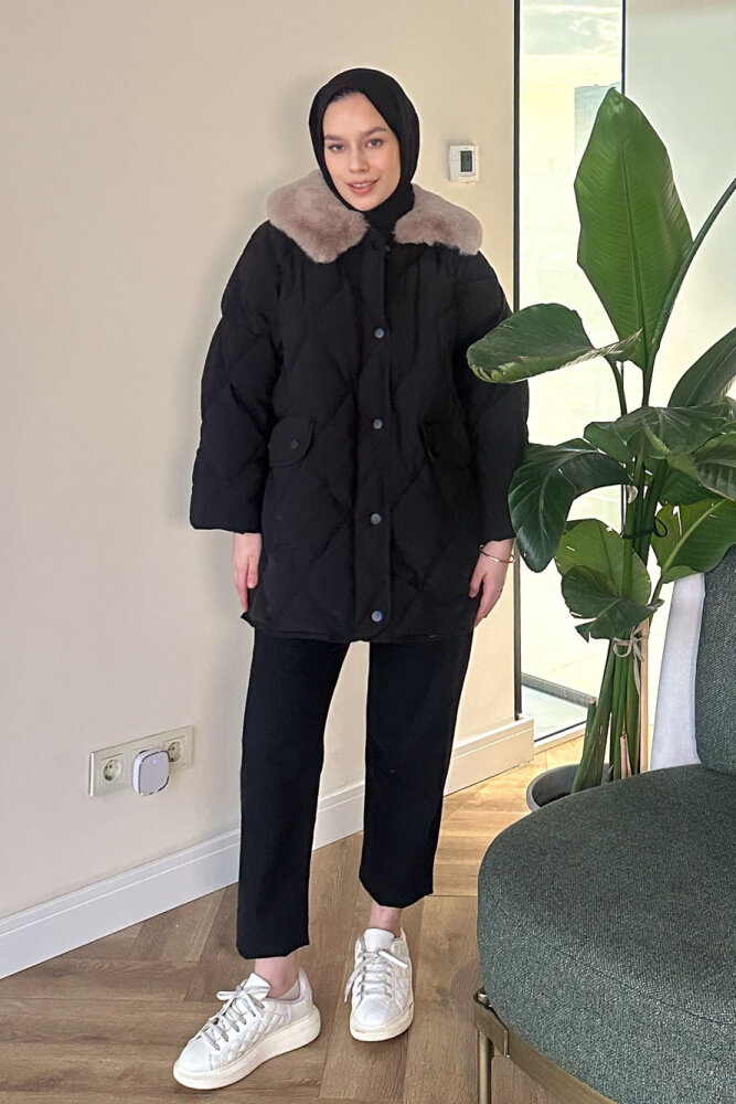 Rivière Baklava Desenli Yakası Kürklü Mont - Siyah - 2