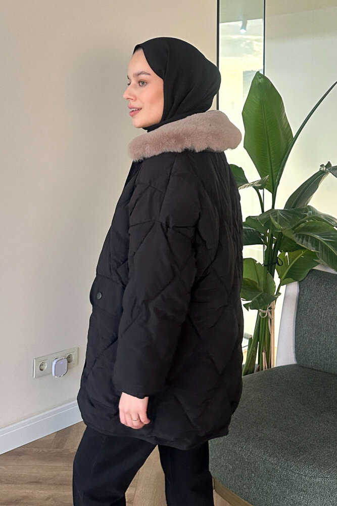 Rivière Baklava Desenli Yakası Kürklü Mont - Siyah - 8