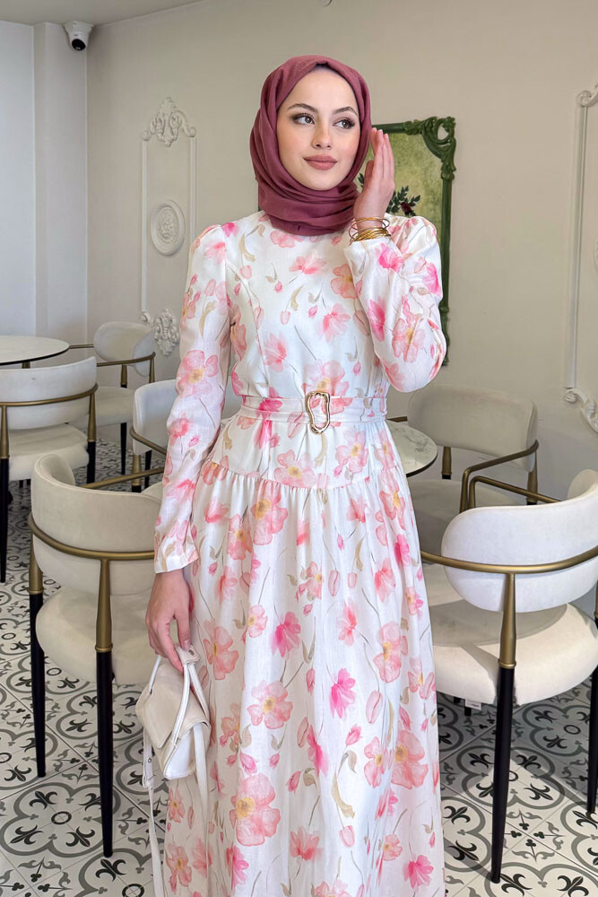 Roma Çiçekli Keten Elbise - Pembe - HENZA (2)