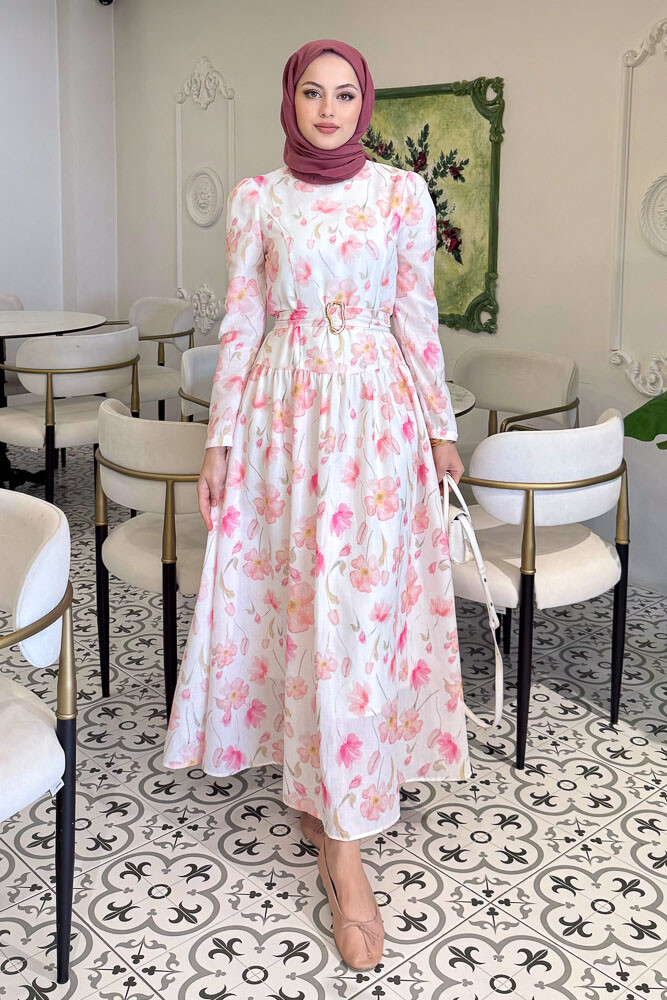 Roma Çiçekli Keten Elbise - Pembe - HENZA (3)
