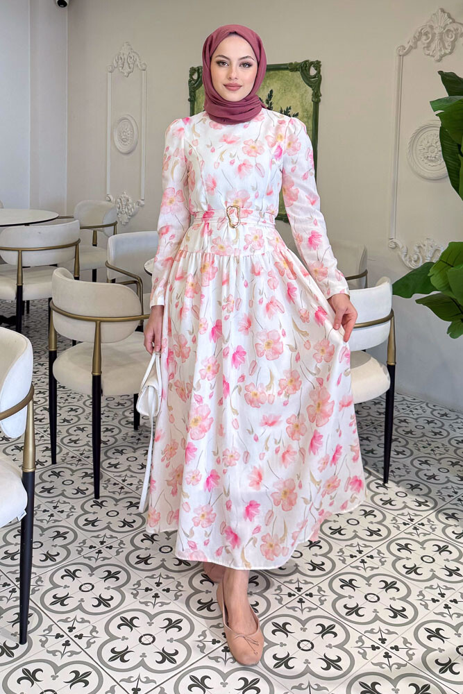 Roma Çiçekli Keten Elbise - Pembe - HENZA (1)