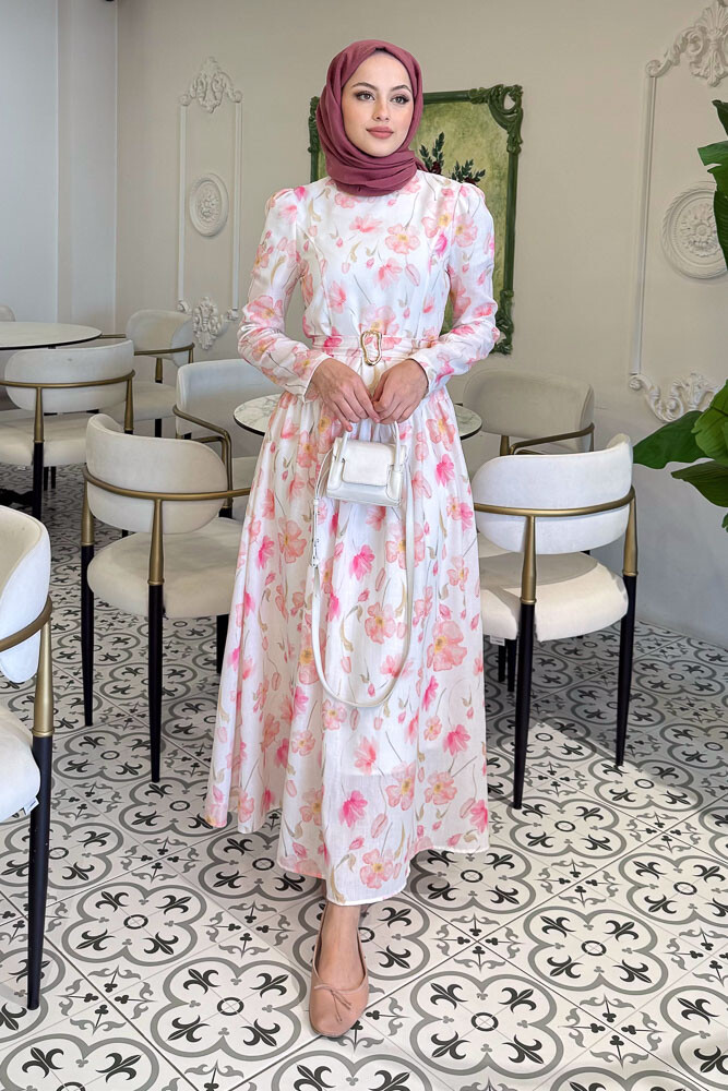 Roma Çiçekli Keten Elbise - Pembe - 8