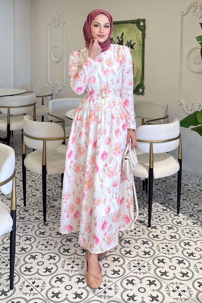 Roma Çiçekli Keten Elbise - Pembe - HENZA (0)