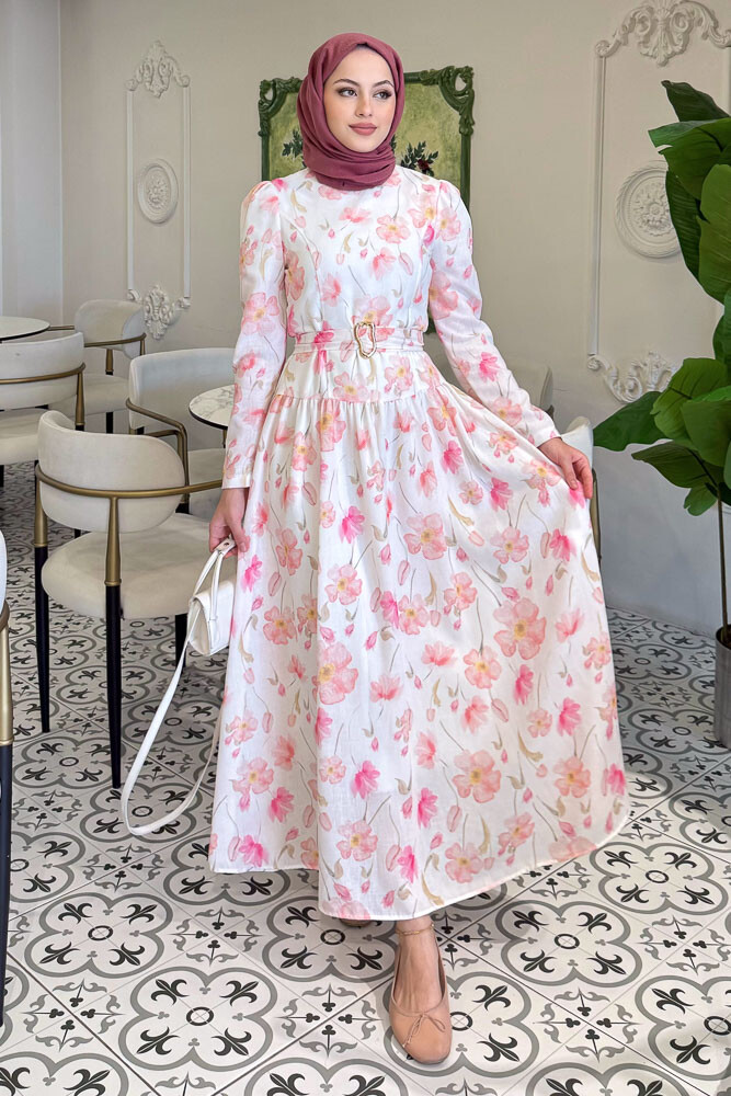 Roma Çiçekli Keten Elbise - Pembe - 6