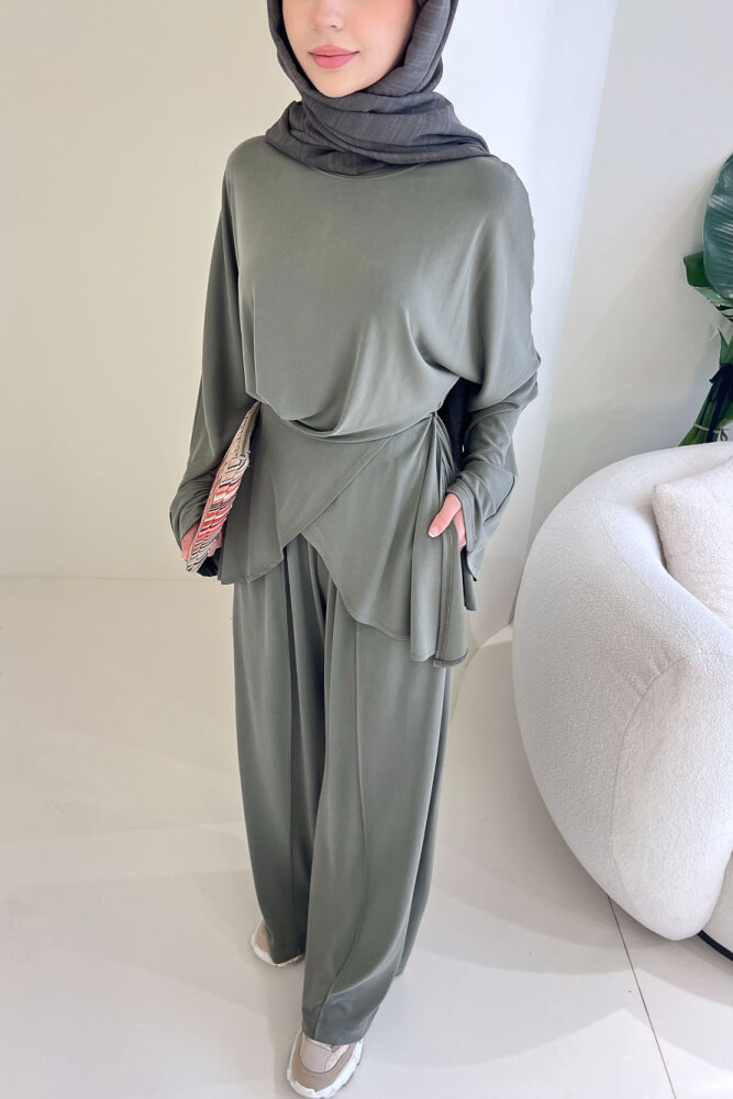 Rosé Bağlama Detaylı Pantolon Takım - Haki - İKOL (2)