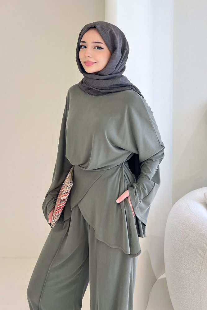 Rosé Bağlama Detaylı Pantolon Takım - Haki - 4