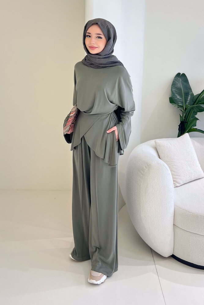 Rosé Bağlama Detaylı Pantolon Takım - Haki - 2