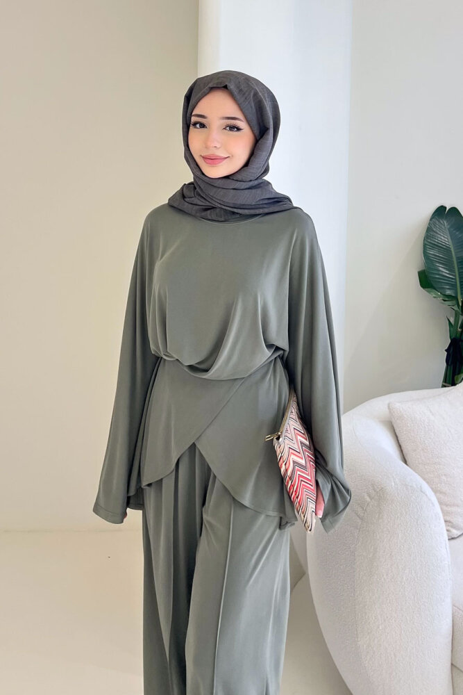 Rosé Bağlama Detaylı Pantolon Takım - Haki - 7