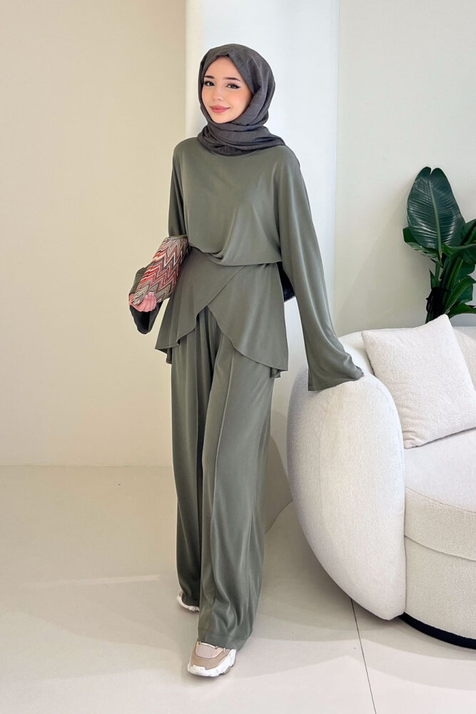 Rosé Bağlama Detaylı Pantolon Takım - Haki - İKOL (0)