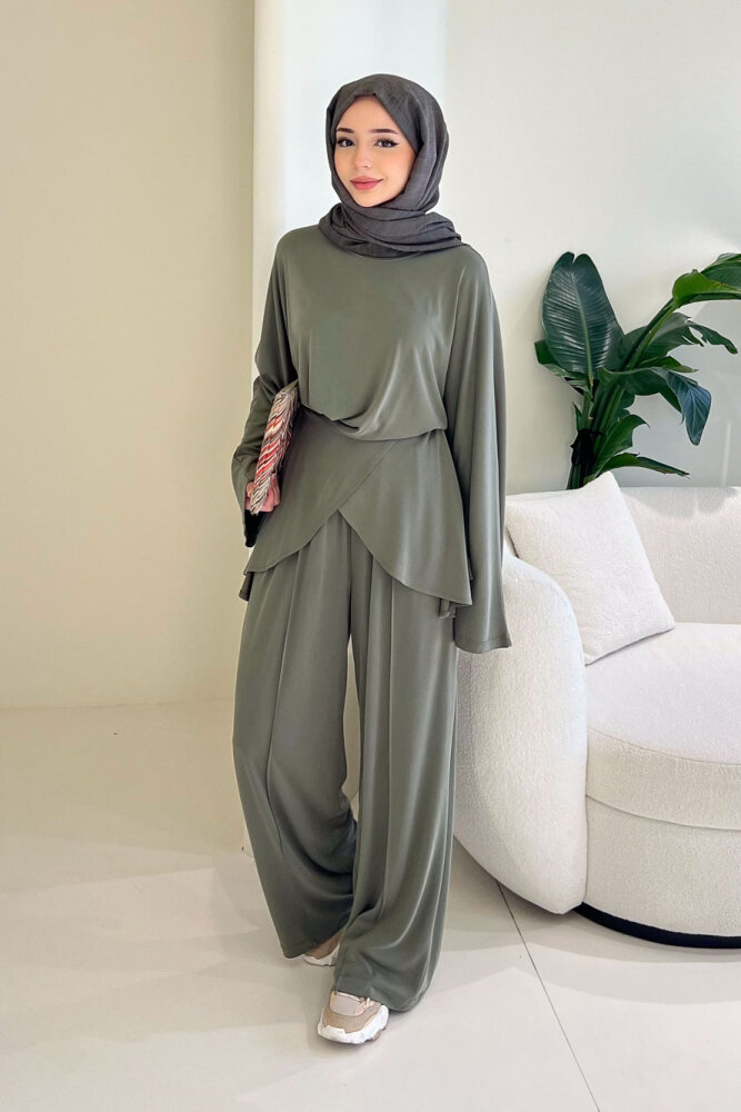 Rosé Bağlama Detaylı Pantolon Takım - Haki - 5