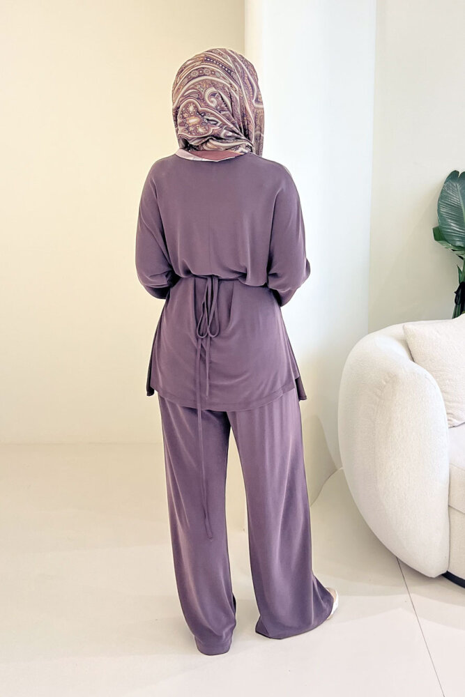 Rosé Bağlama Detaylı Pantolon Takım - Kahverengi - 7