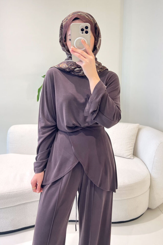 Rosé Bağlama Detaylı Pantolon Takım - Kahverengi - 3