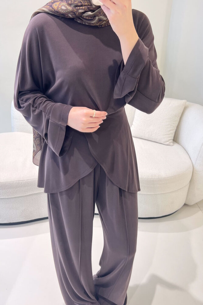 Rosé Bağlama Detaylı Pantolon Takım - Kahverengi - İKOL (4)