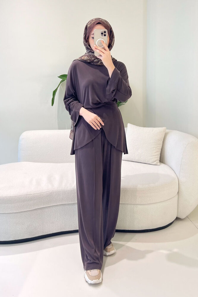 Rosé Bağlama Detaylı Pantolon Takım - Kahverengi - 4