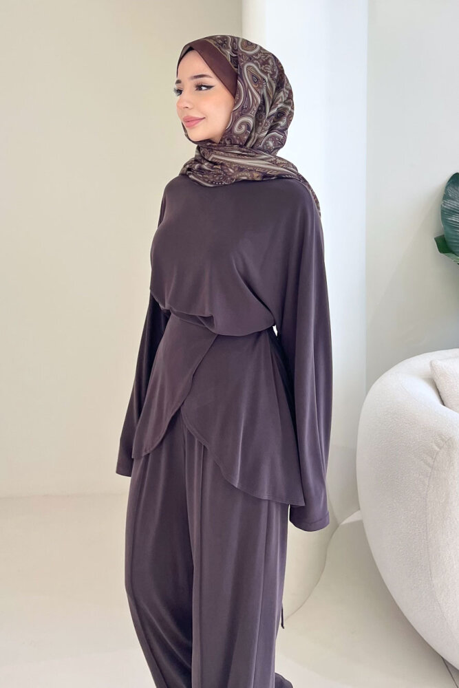 Rosé Bağlama Detaylı Pantolon Takım - Kahverengi - 6